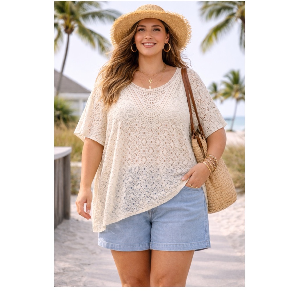Ruby Rd. Cream Crochet Lace Short Sleeve Top